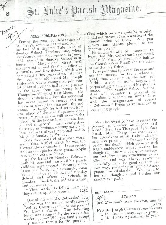 Joseph Colverson's obituary, March 1927